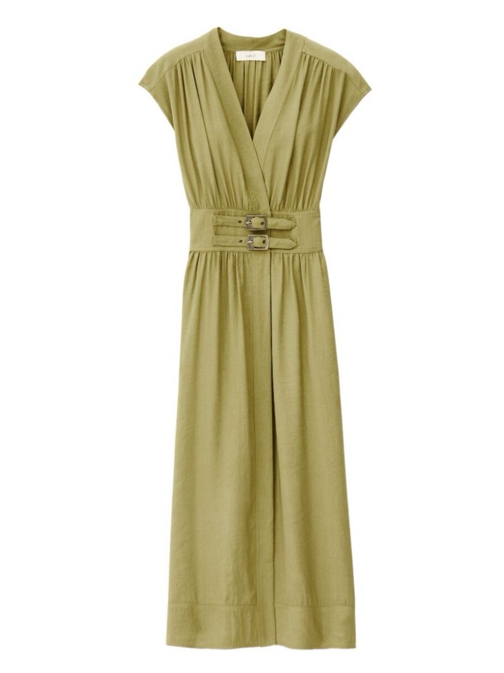 ba&sh Dove Olive Green Wrap Midi Dress with Double Buckle Waist - Picture 3 of 16